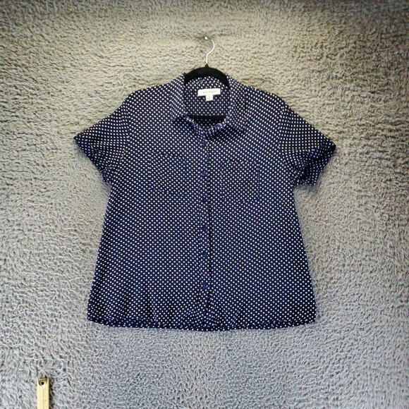 Emily Daniels Top Womens XL Blue Polka Dot Short Sleeve Button Down Lightweight - Picture 1 of 8